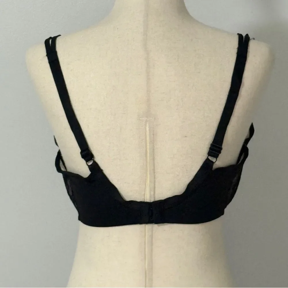 WACOAL Contour Embroidered Lace Demi Bra 36DD Black Eyelash Trim 85424